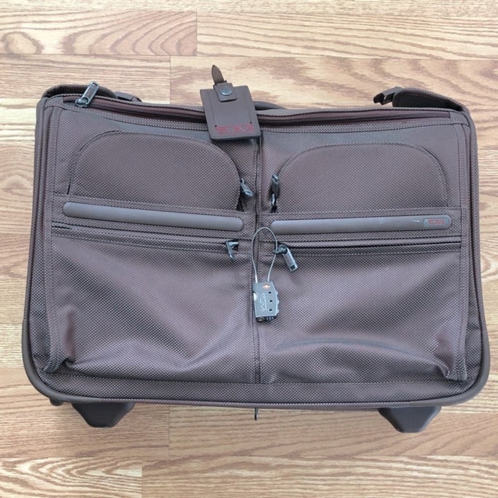 grey/brown TUMI "Alpha" 2-wheeled garment bag